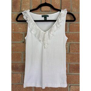 White Lace Trim Tank Top By Lauren Ralph Lauren S  Cotton Sleeveless